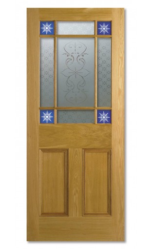 Oak Downham Door with Blue Corner Glass Image
